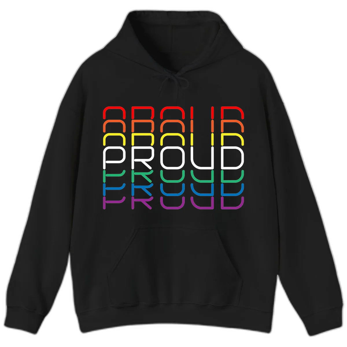 The word PROUD displayed in large rounded letters, each stacked layer colored in rainbow pride spectrum colors from red to purple in Black