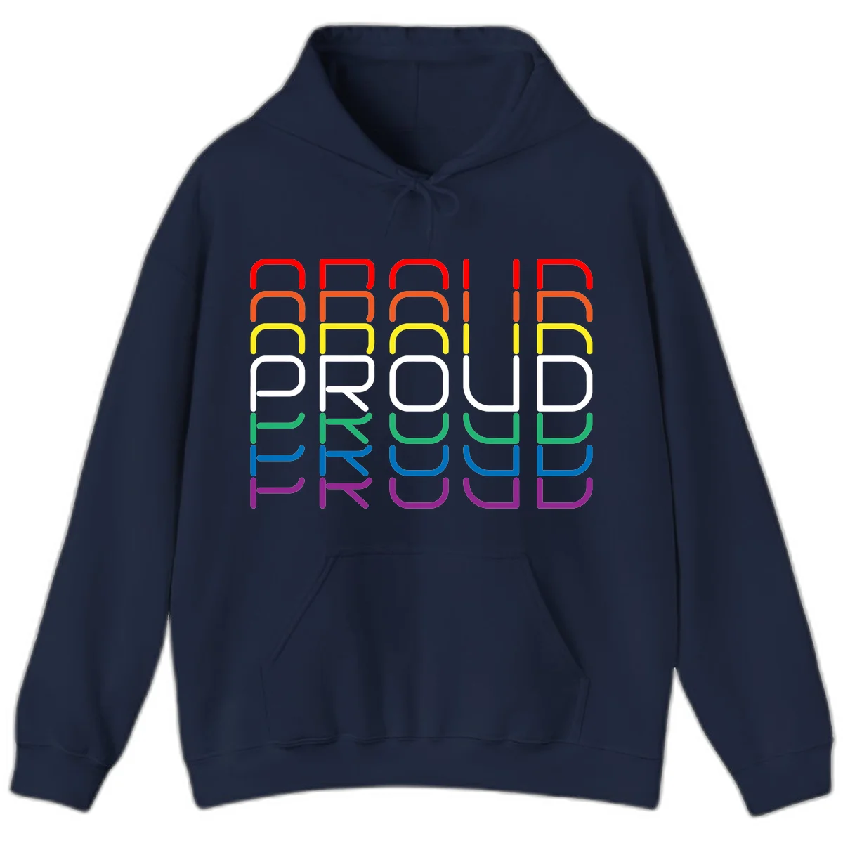 The word PROUD displayed in large rounded letters, each stacked layer colored in rainbow pride spectrum colors from red to purple in Navy