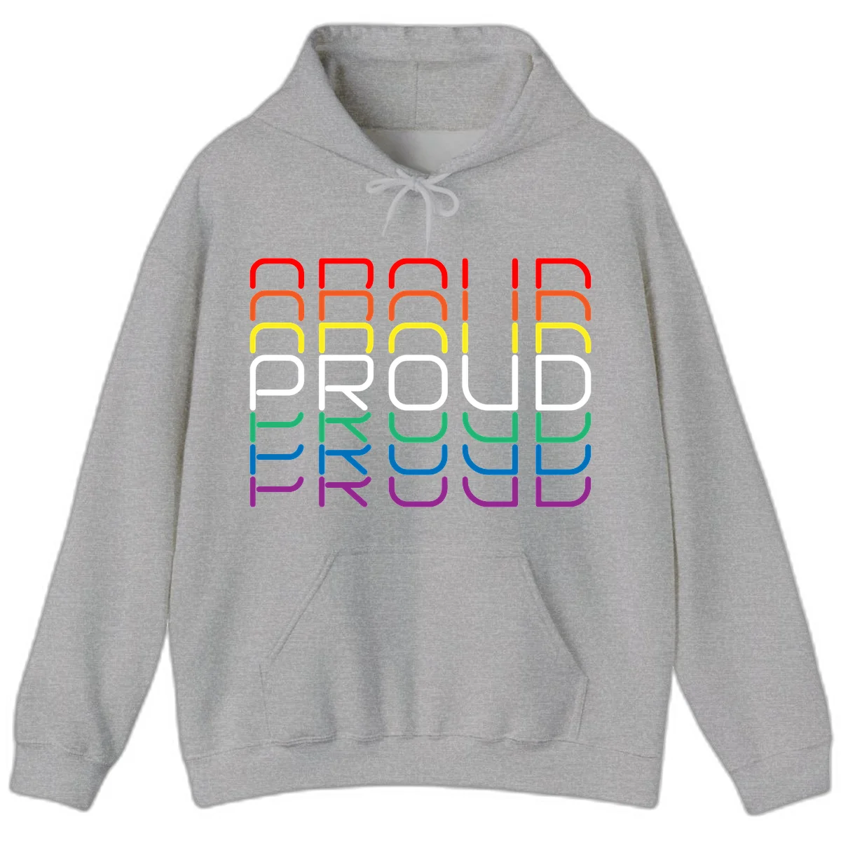 The word PROUD displayed in large rounded letters, each stacked layer colored in rainbow pride spectrum colors from red to purple in Sport Grey