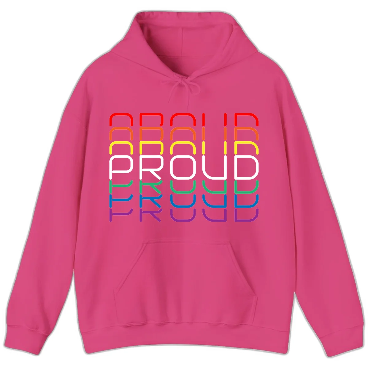 The word PROUD displayed in large rounded letters, each stacked layer colored in rainbow pride spectrum colors from red to purple in Heliconia
