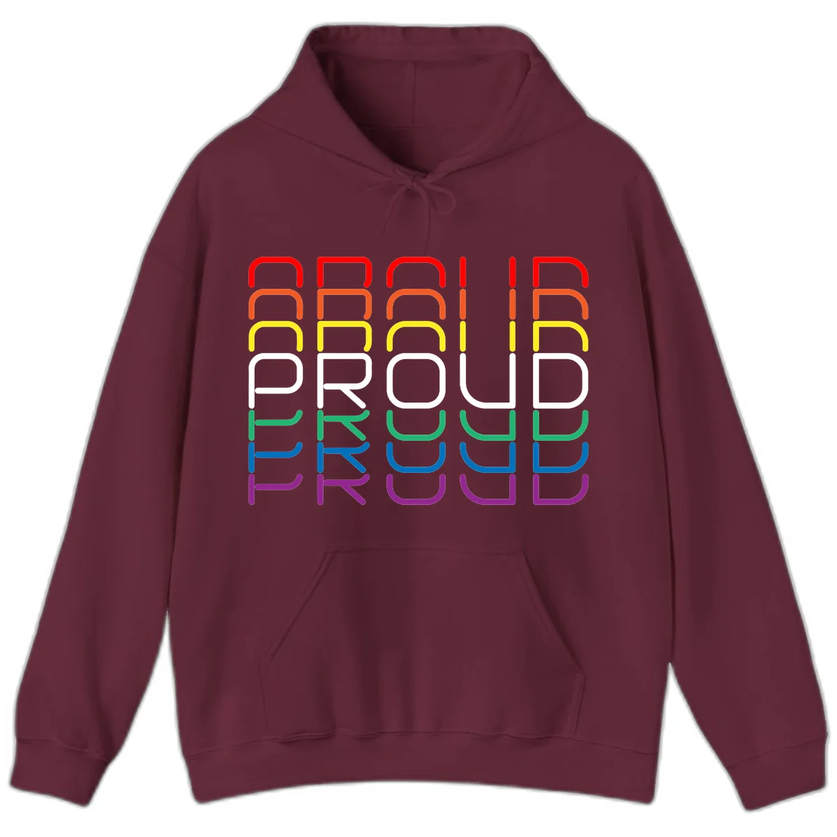 The word PROUD displayed in large rounded letters, each stacked layer colored in rainbow pride spectrum colors from red to purple in Maroon