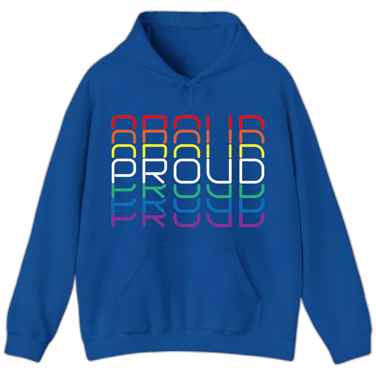 The word PROUD displayed in large rounded letters, each stacked layer colored in rainbow pride spectrum colors from red to purple in Royal