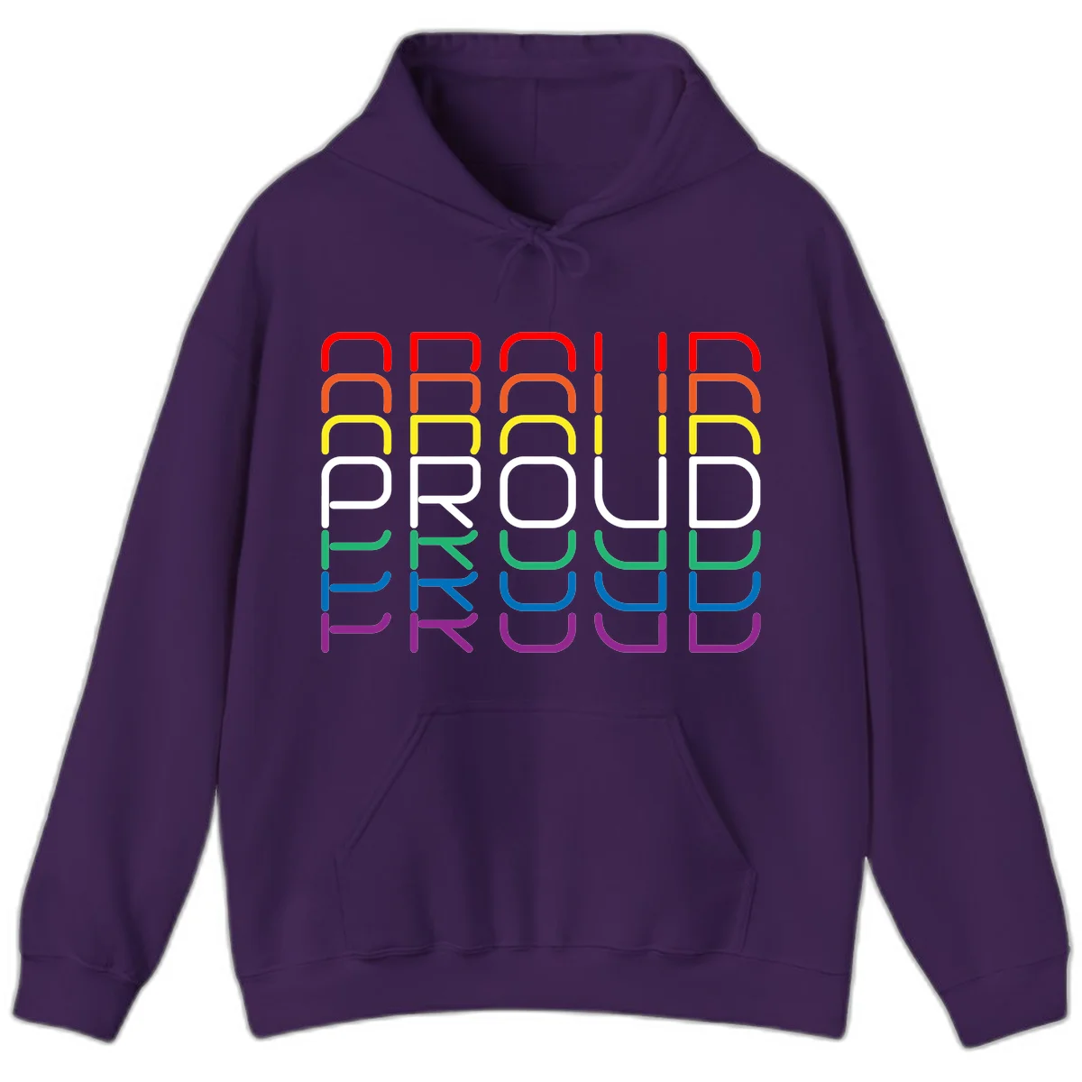 The word PROUD displayed in large rounded letters, each stacked layer colored in rainbow pride spectrum colors from red to purple in Purple
