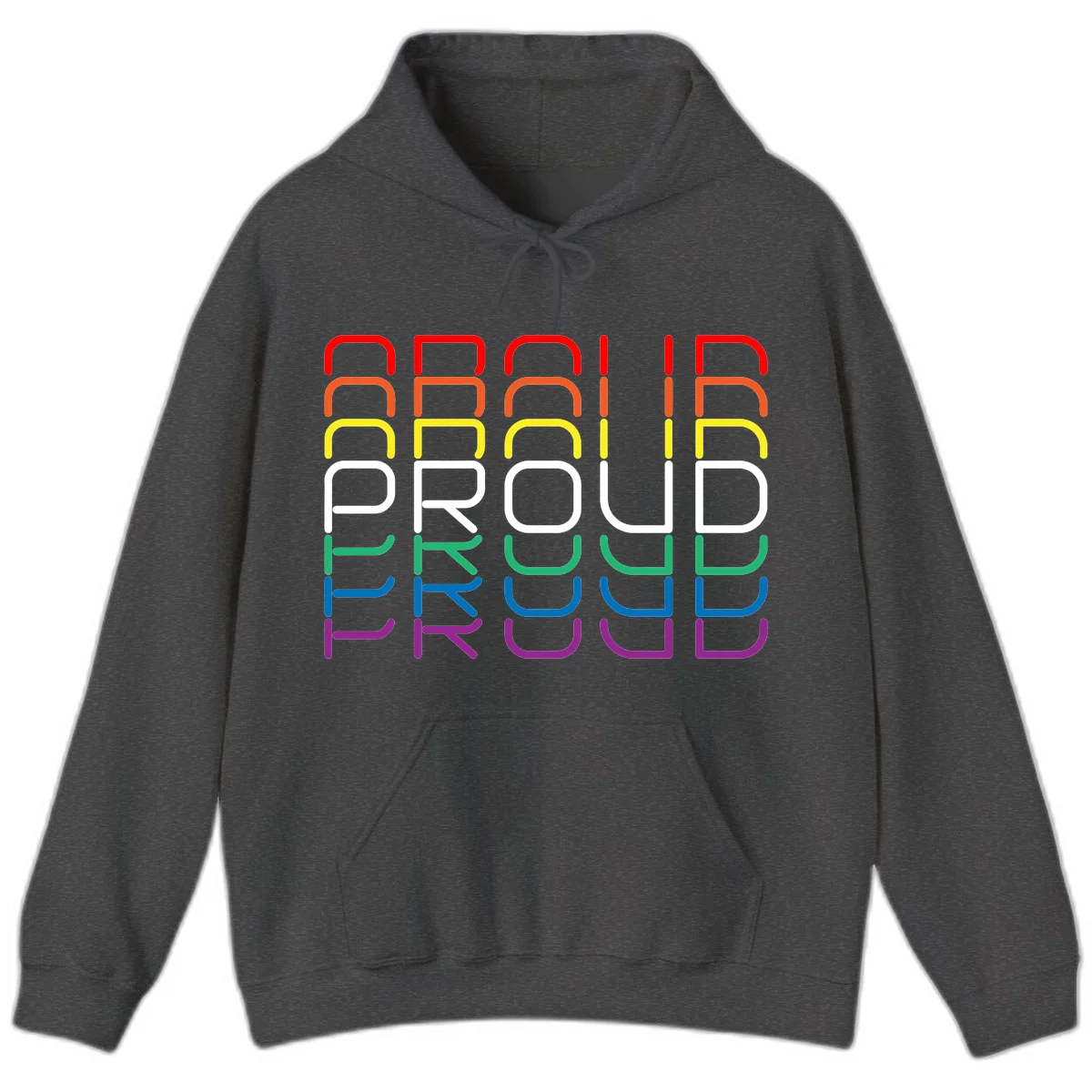 The word PROUD displayed in large rounded letters, each stacked layer colored in rainbow pride spectrum colors from red to purple in Dark Heather