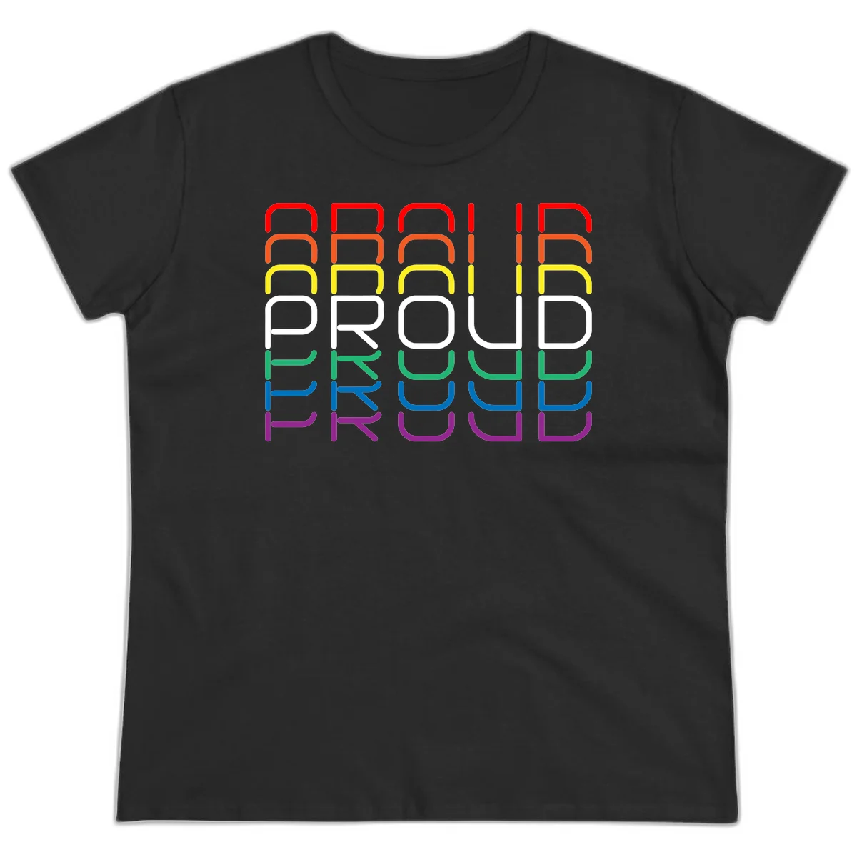 The word PROUD displayed in large rounded letters, each stacked layer colored in rainbow pride spectrum colors from red to purple in Black