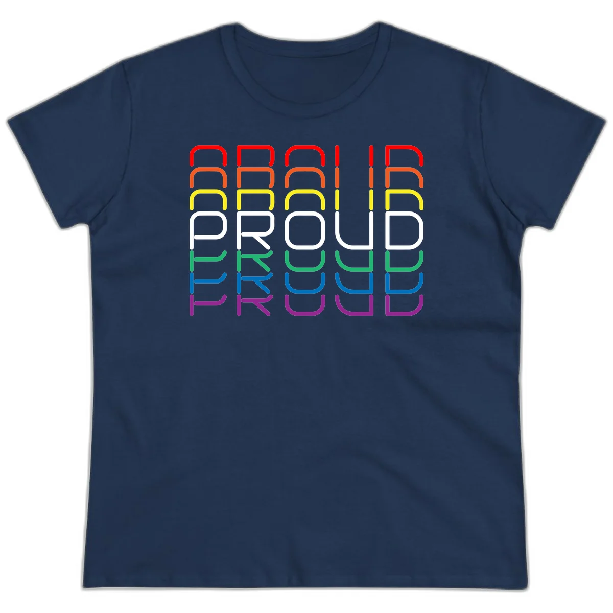 The word PROUD displayed in large rounded letters, each stacked layer colored in rainbow pride spectrum colors from red to purple in Navy