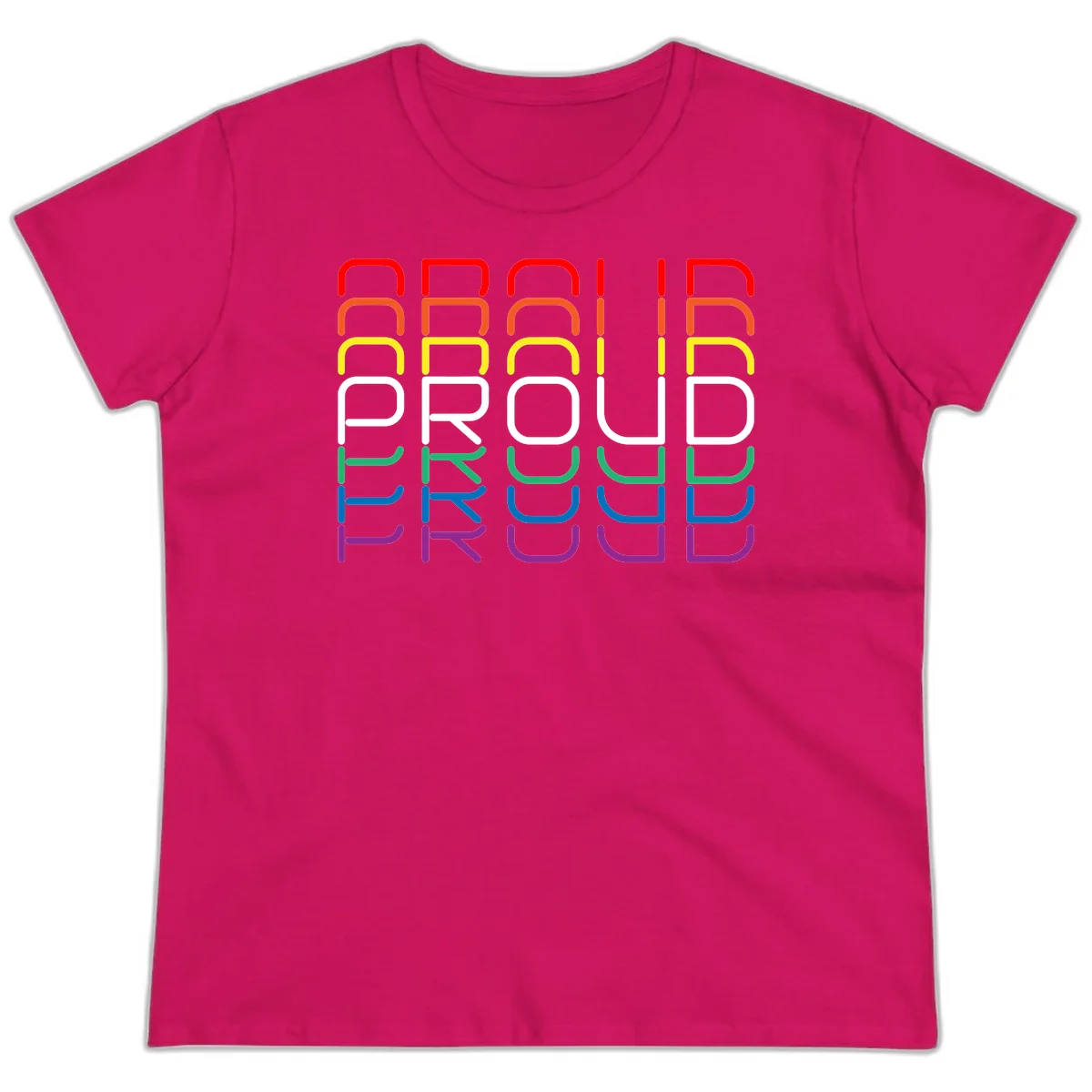 The word PROUD displayed in large rounded letters, each stacked layer colored in rainbow pride spectrum colors from red to purple in Heliconia