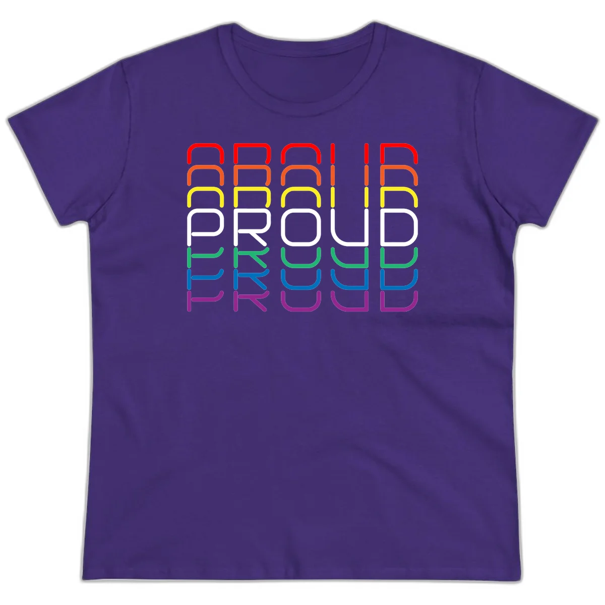 The word PROUD displayed in large rounded letters, each stacked layer colored in rainbow pride spectrum colors from red to purple in Purple