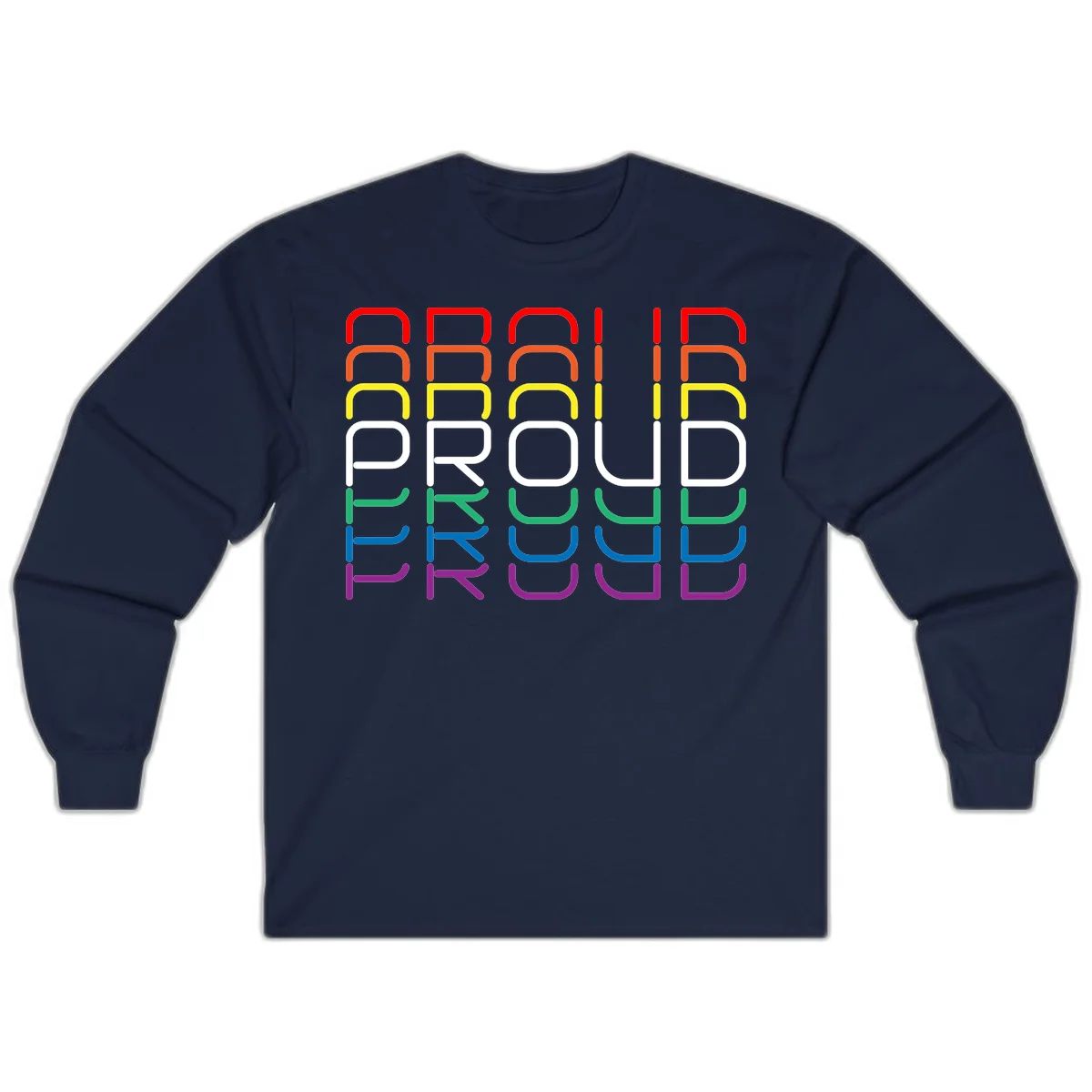 The word PROUD displayed in large rounded letters, each stacked layer colored in rainbow pride spectrum colors from red to purple in Navy