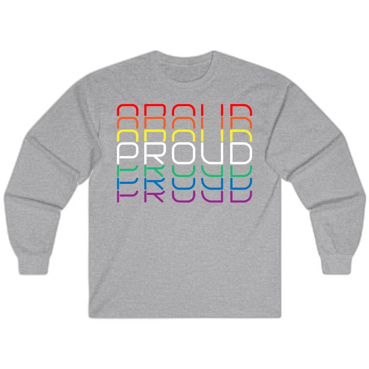 The word PROUD displayed in large rounded letters, each stacked layer colored in rainbow pride spectrum colors from red to purple in Sport Grey