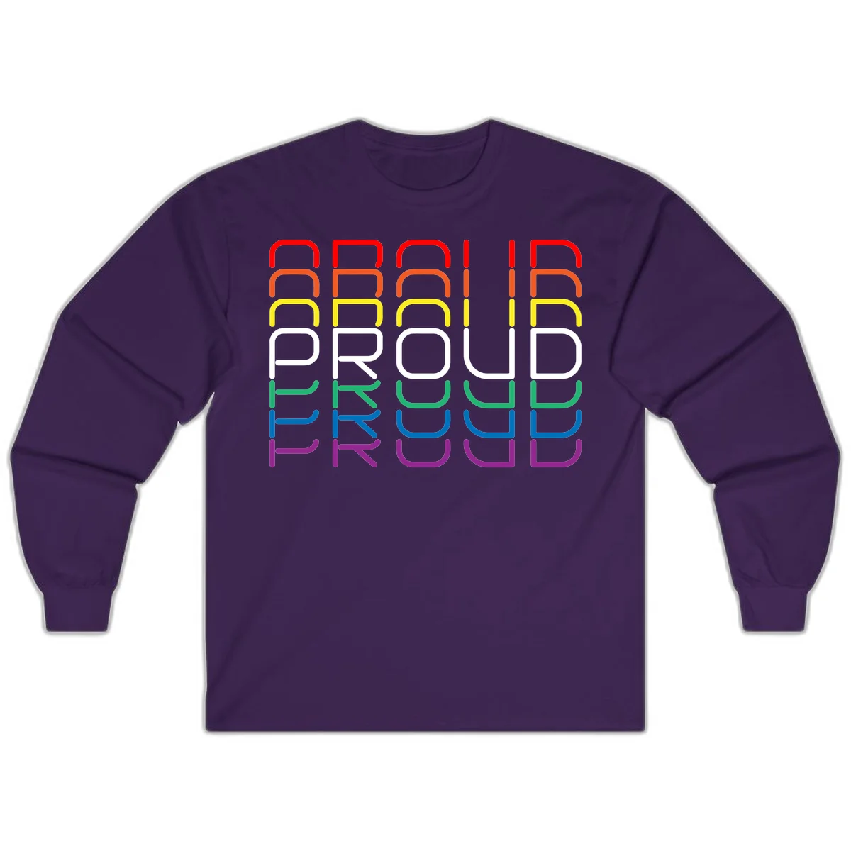 The word PROUD displayed in large rounded letters, each stacked layer colored in rainbow pride spectrum colors from red to purple in Purple