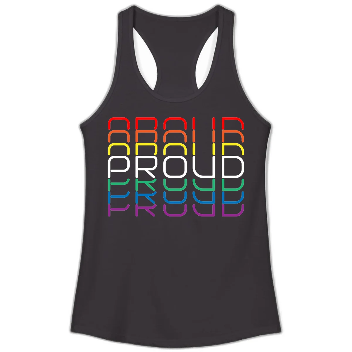 The word PROUD displayed in large rounded letters, each stacked layer colored in rainbow pride spectrum colors from red to purple in Black