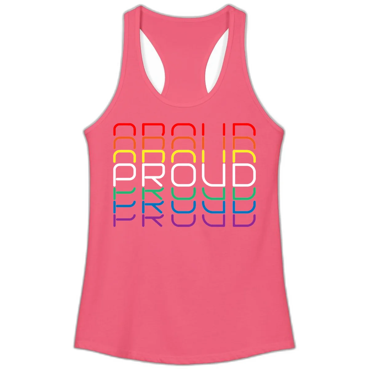 The word PROUD displayed in large rounded letters, each stacked layer colored in rainbow pride spectrum colors from red to purple in Hot Pink