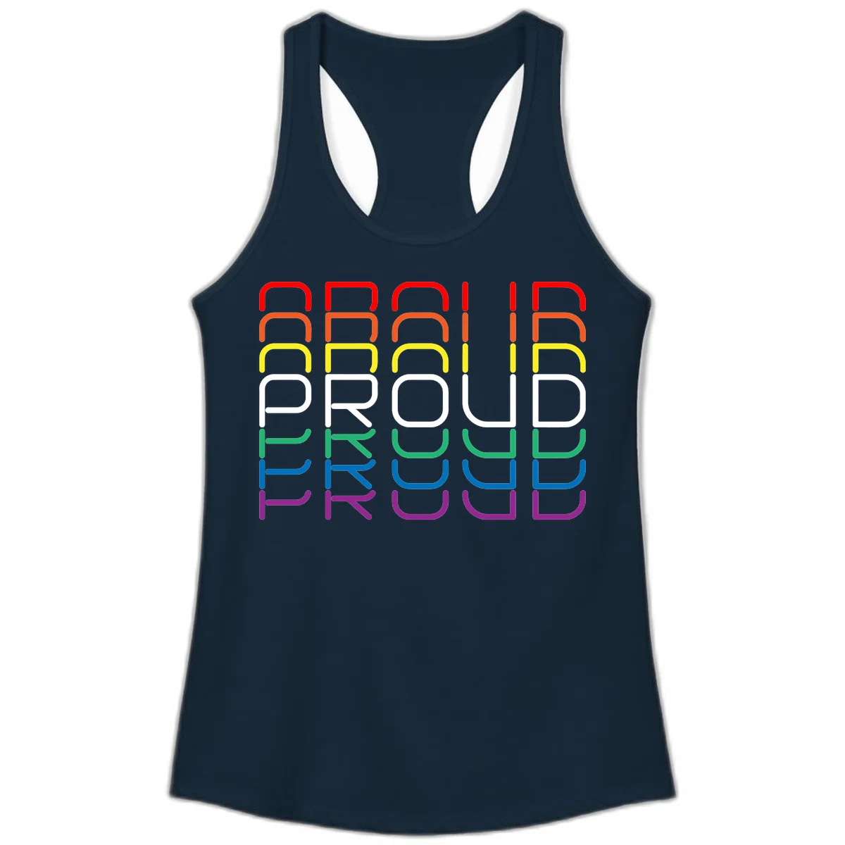 The word PROUD displayed in large rounded letters, each stacked layer colored in rainbow pride spectrum colors from red to purple in Solid Midnight Navy