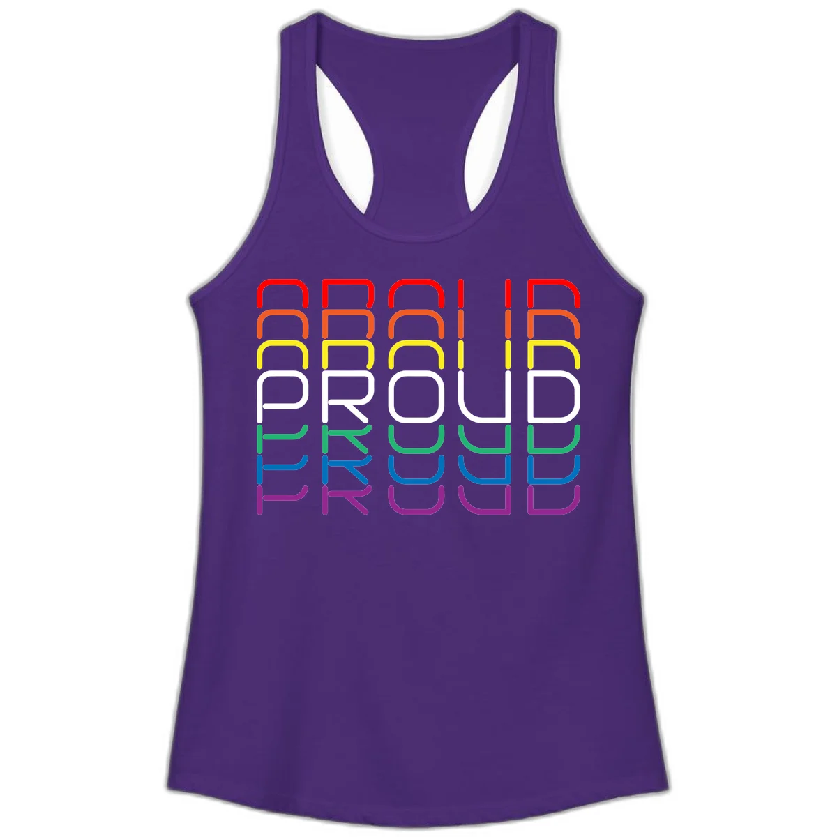 The word PROUD displayed in large rounded letters, each stacked layer colored in rainbow pride spectrum colors from red to purple in Solid Purple Rush