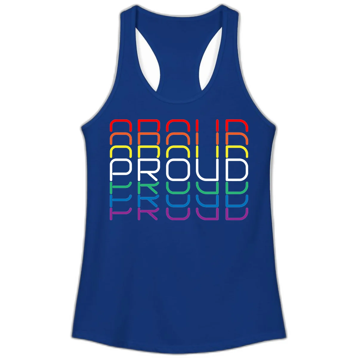 The word PROUD displayed in large rounded letters, each stacked layer colored in rainbow pride spectrum colors from red to purple in Solid Royal
