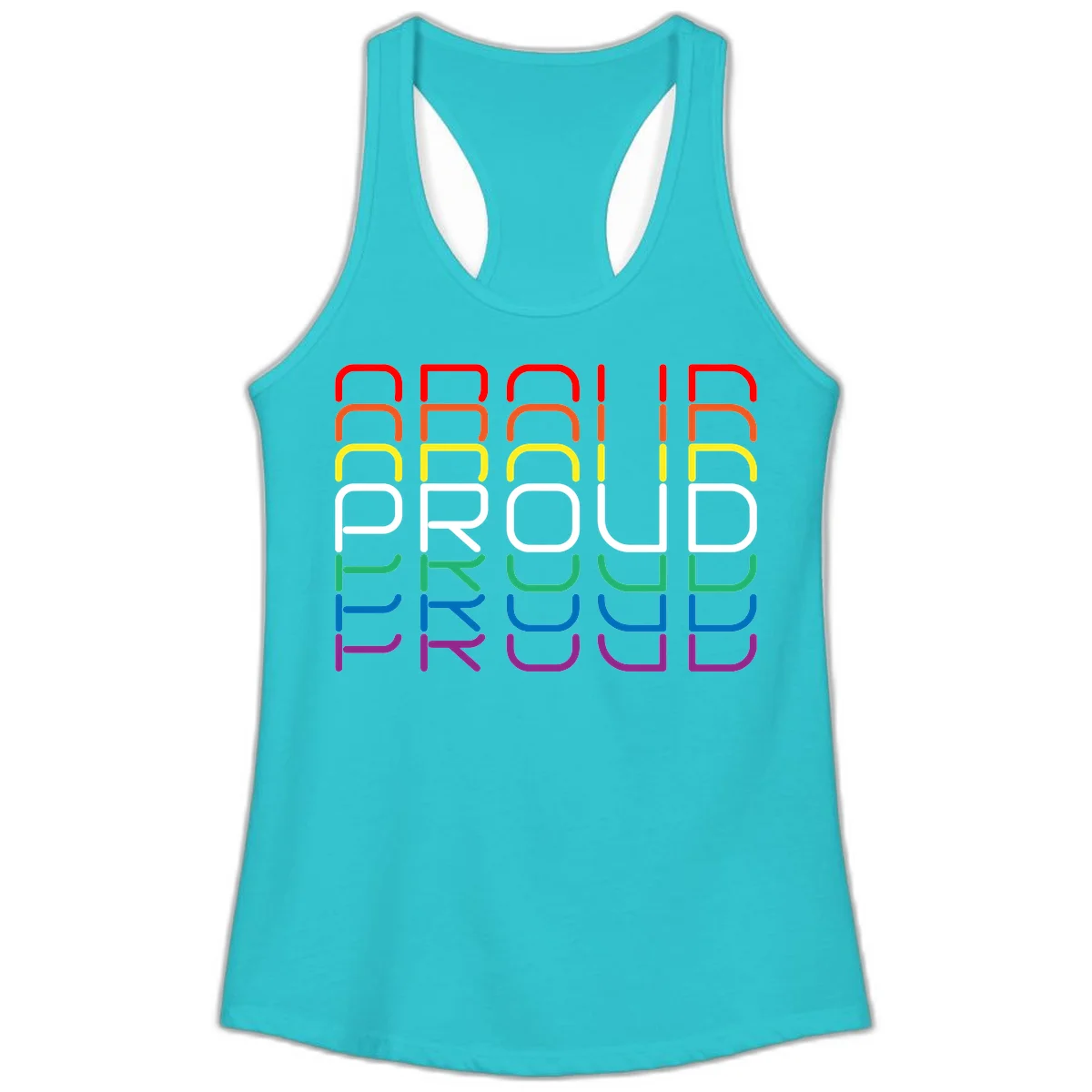 The word PROUD displayed in large rounded letters, each stacked layer colored in rainbow pride spectrum colors from red to purple in Solid Tahiti Blue