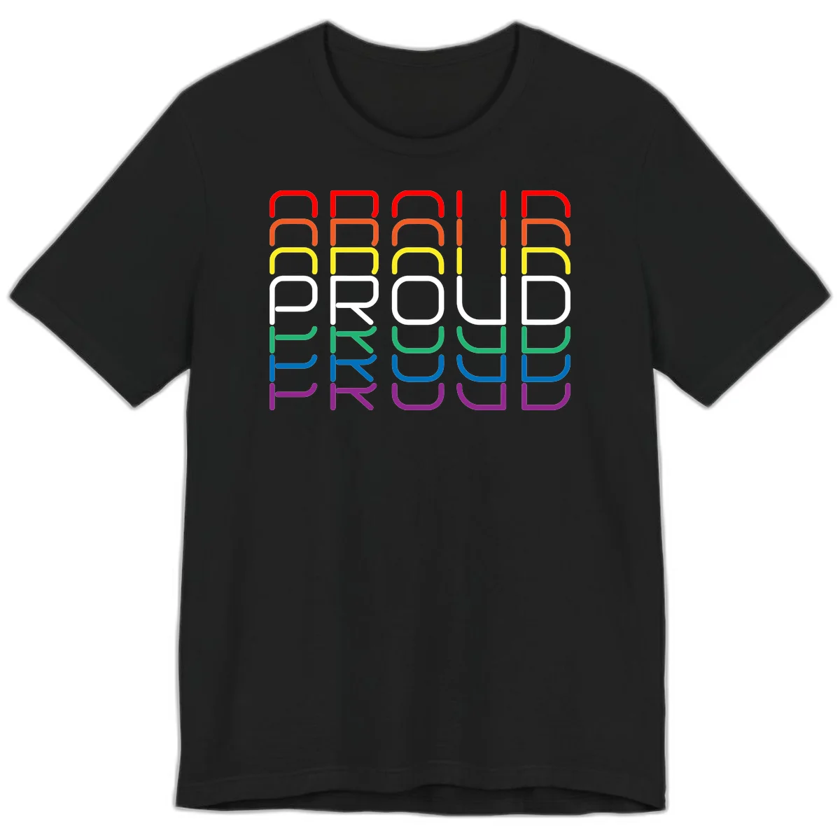 The word PROUD displayed in large rounded letters, each stacked layer colored in rainbow pride spectrum colors from red to purple in Black