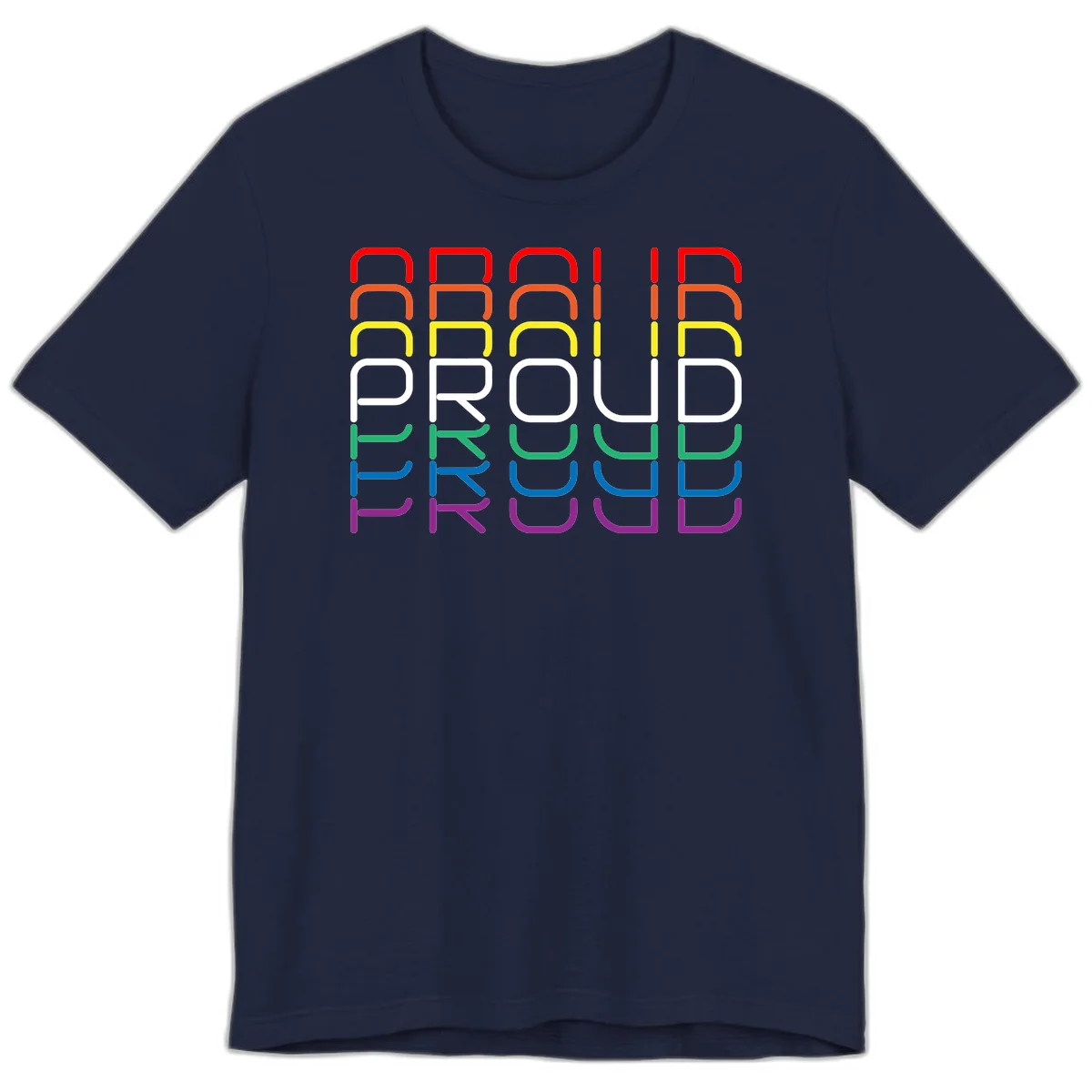 The word PROUD displayed in large rounded letters, each stacked layer colored in rainbow pride spectrum colors from red to purple in Navy