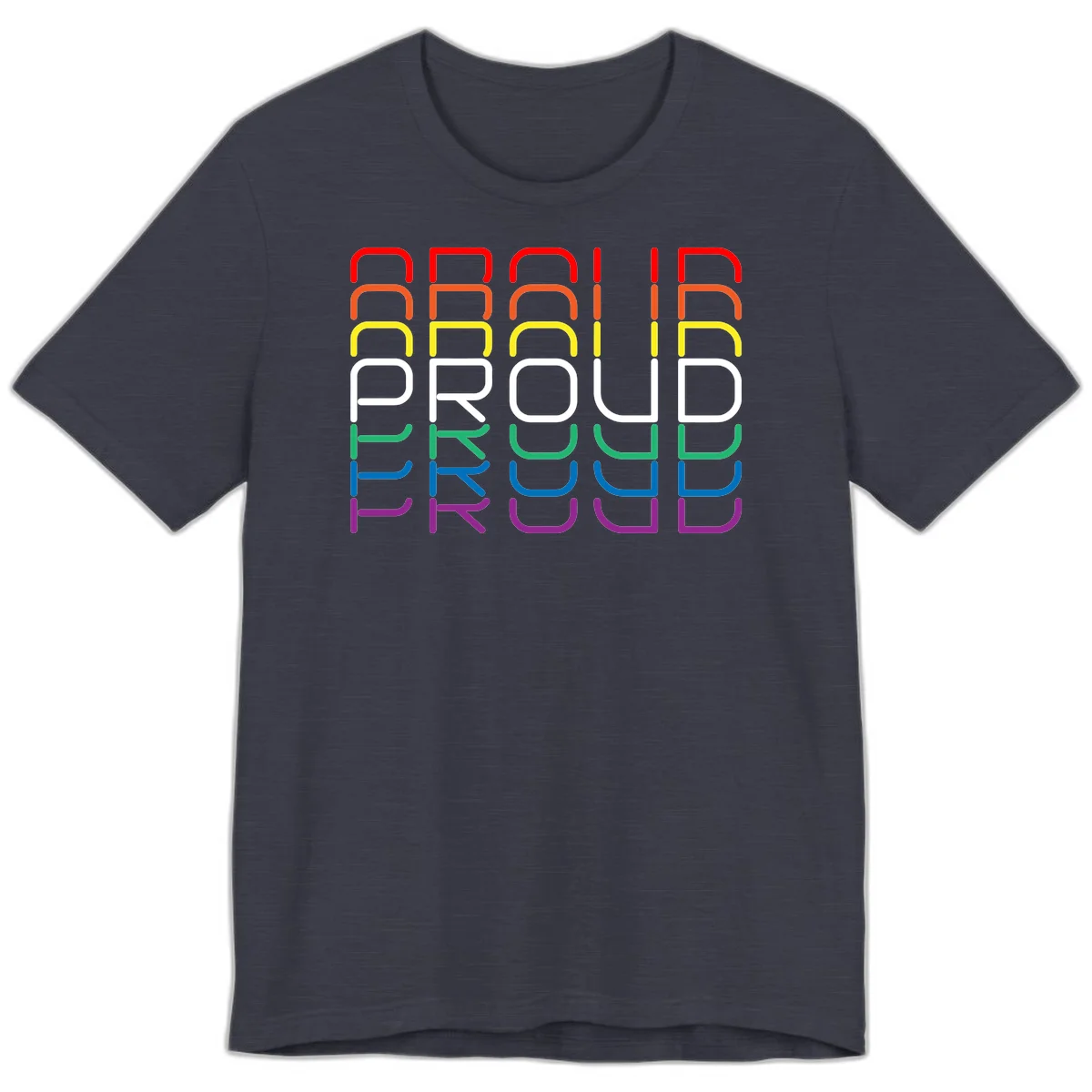 The word PROUD displayed in large rounded letters, each stacked layer colored in rainbow pride spectrum colors from red to purple in Heather Midnight Navy