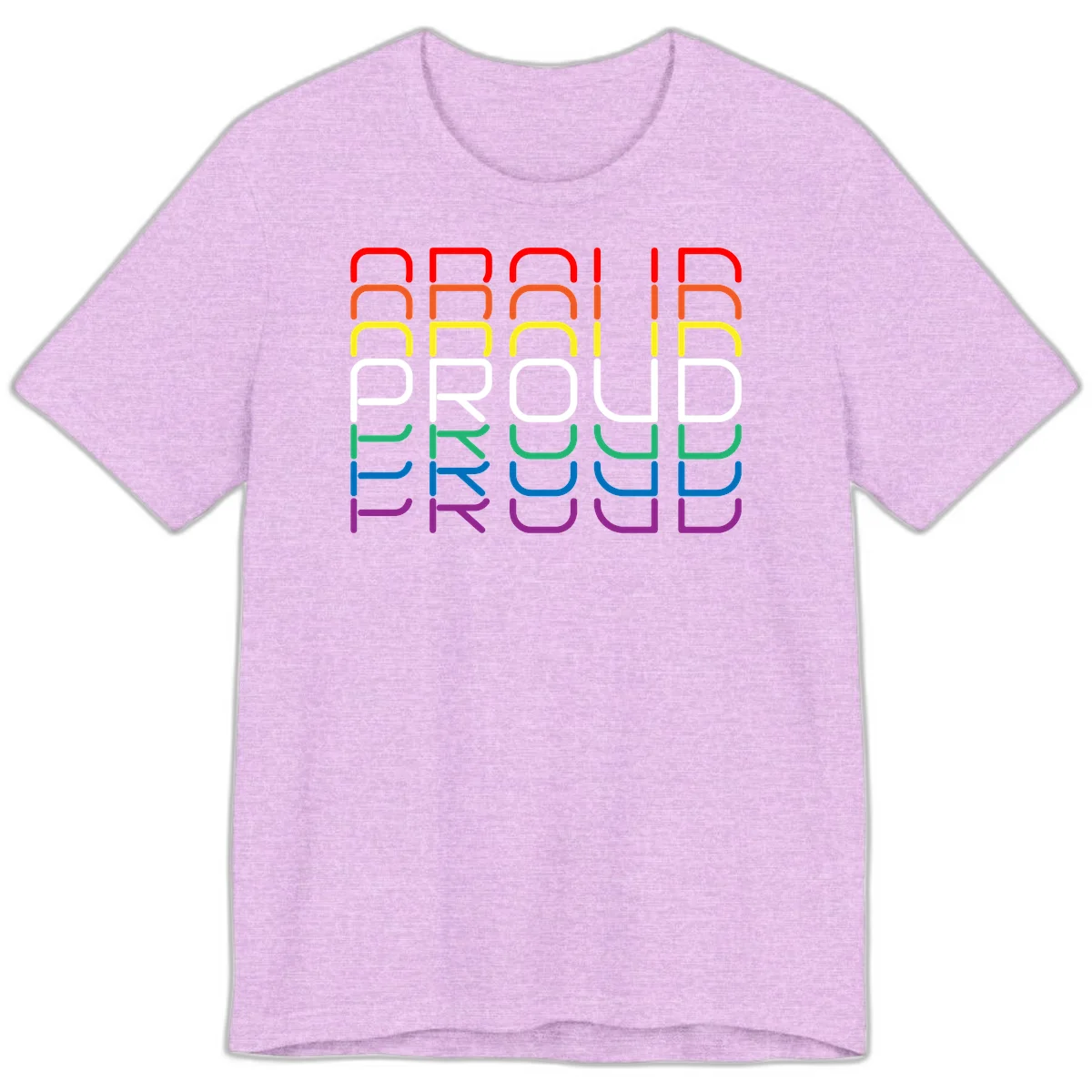 The word PROUD displayed in large rounded letters, each stacked layer colored in rainbow pride spectrum colors from red to purple in Heather Prism Lilac