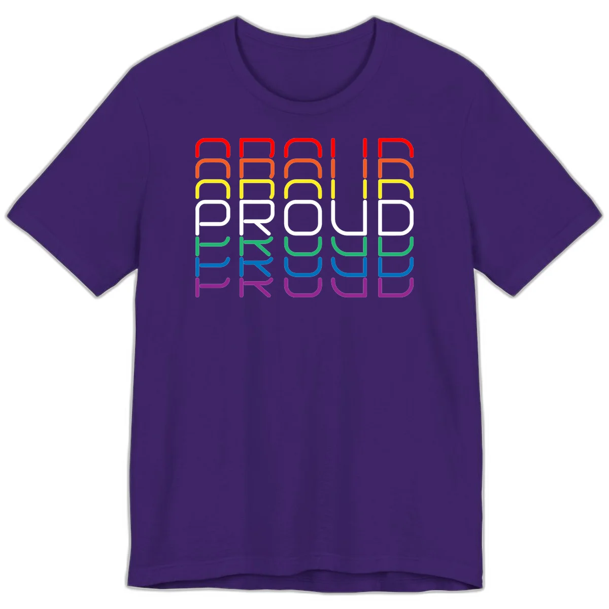 The word PROUD displayed in large rounded letters, each stacked layer colored in rainbow pride spectrum colors from red to purple in Team Purple