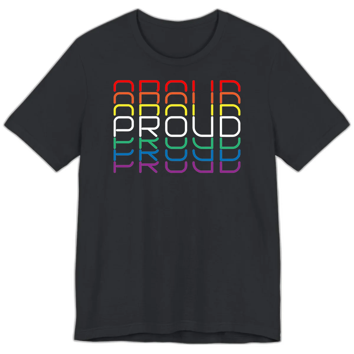 The word PROUD displayed in large rounded letters, each stacked layer colored in rainbow pride spectrum colors from red to purple in Vintage Black