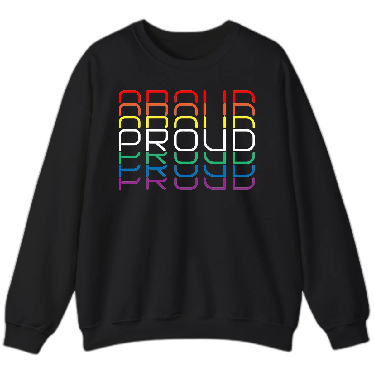 The word PROUD displayed in large rounded letters, each stacked layer colored in rainbow pride spectrum colors from red to purple in Black