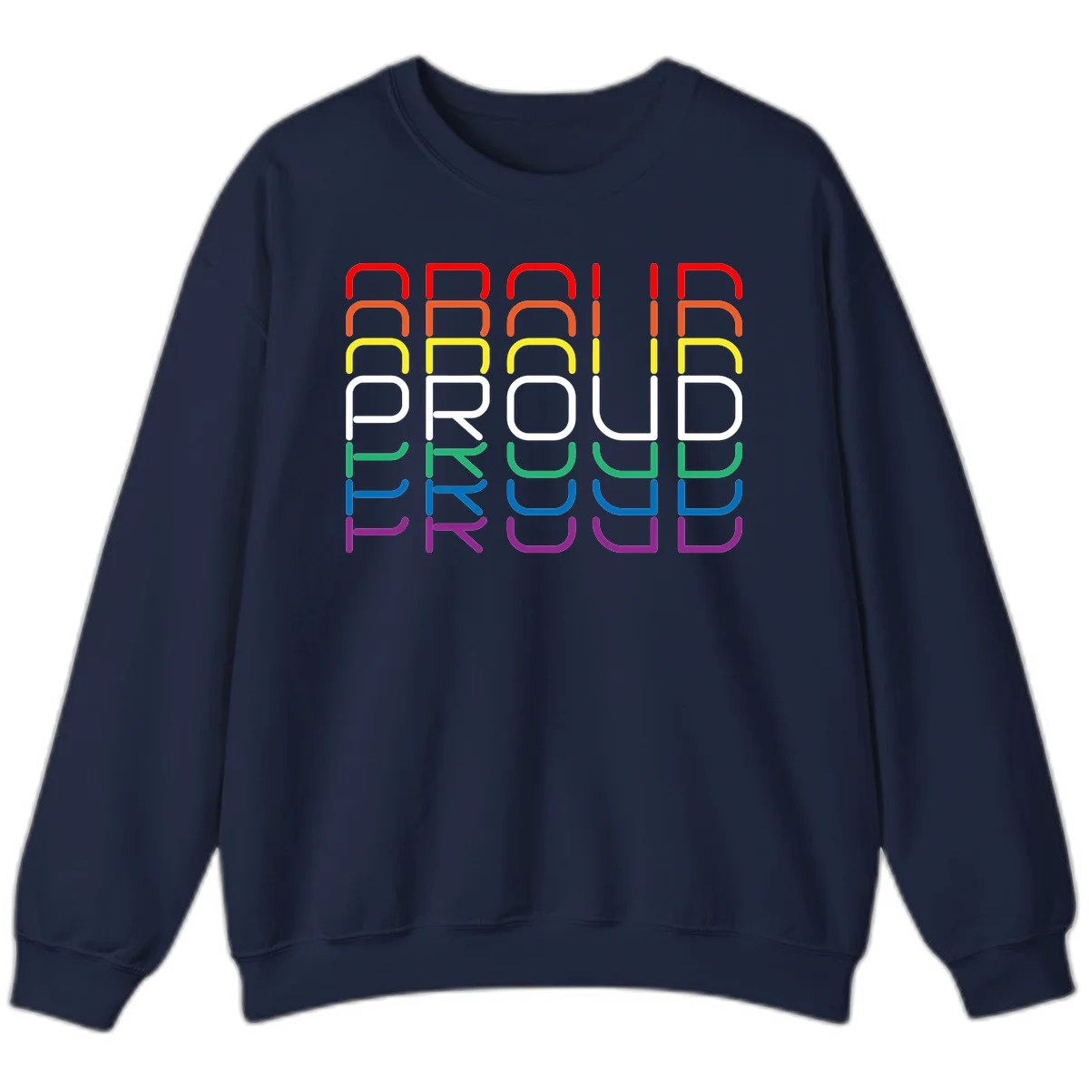 The word PROUD displayed in large rounded letters, each stacked layer colored in rainbow pride spectrum colors from red to purple in Navy