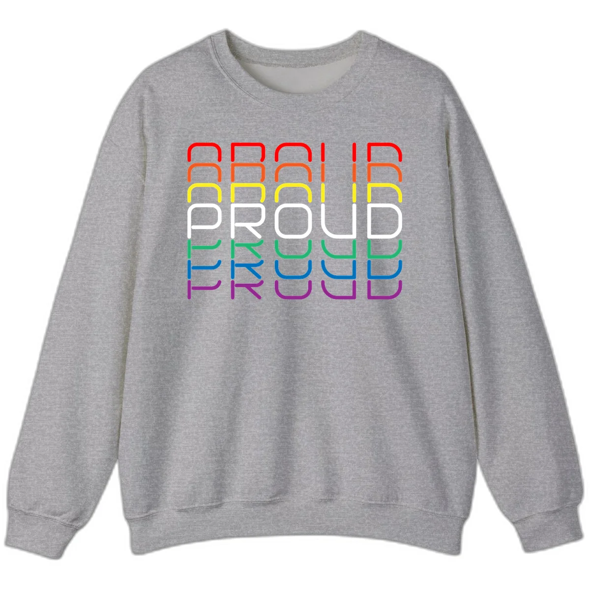 The word PROUD displayed in large rounded letters, each stacked layer colored in rainbow pride spectrum colors from red to purple in Sport Grey