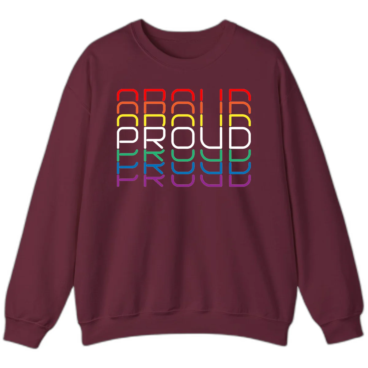 The word PROUD displayed in large rounded letters, each stacked layer colored in rainbow pride spectrum colors from red to purple in Maroon