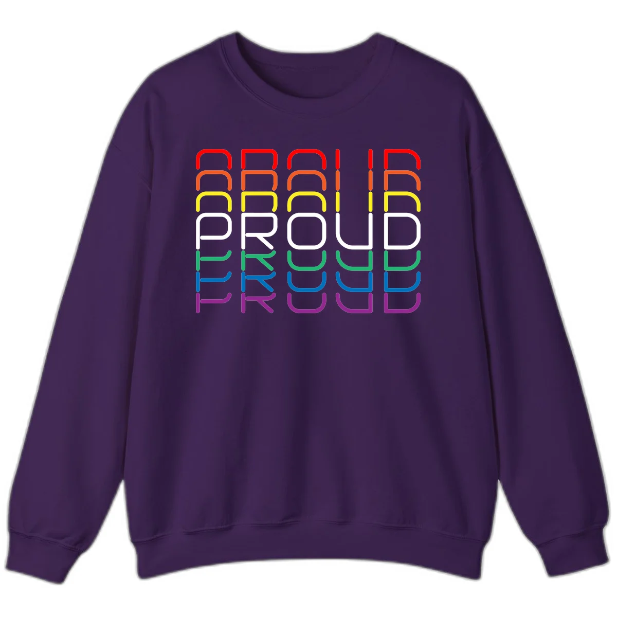 The word PROUD displayed in large rounded letters, each stacked layer colored in rainbow pride spectrum colors from red to purple in Purple