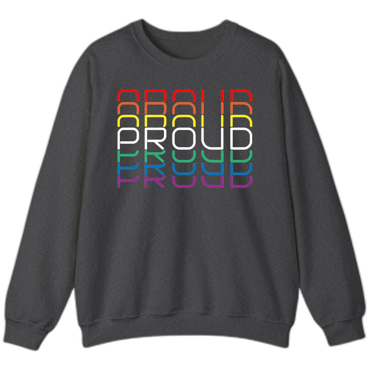 The word PROUD displayed in large rounded letters, each stacked layer colored in rainbow pride spectrum colors from red to purple in Dark Heather