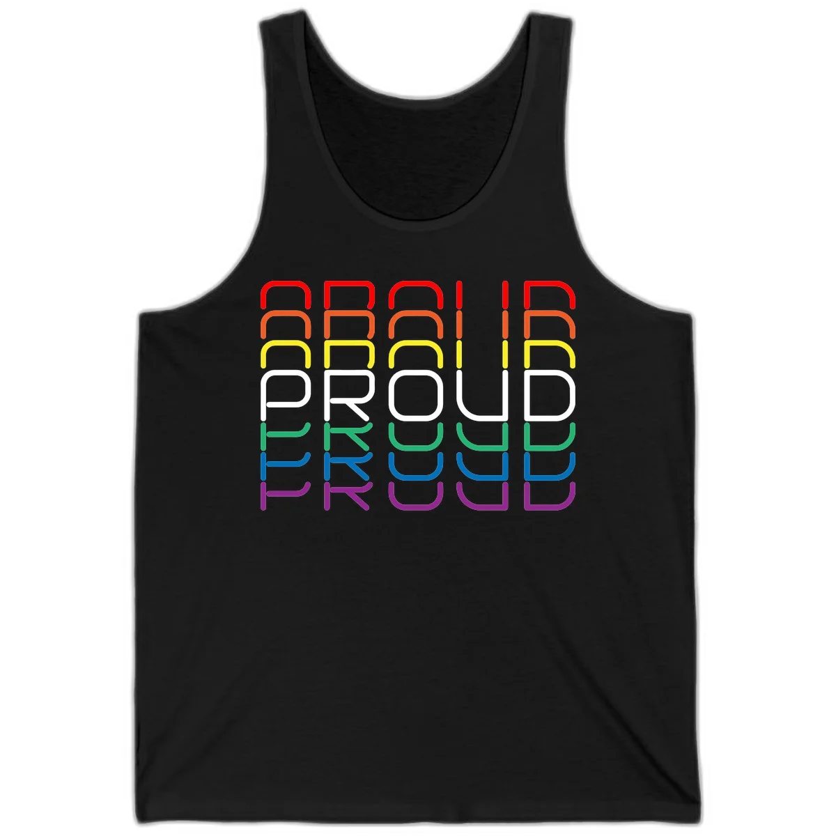 The word PROUD displayed in large rounded letters, each stacked layer colored in rainbow pride spectrum colors from red to purple in Black