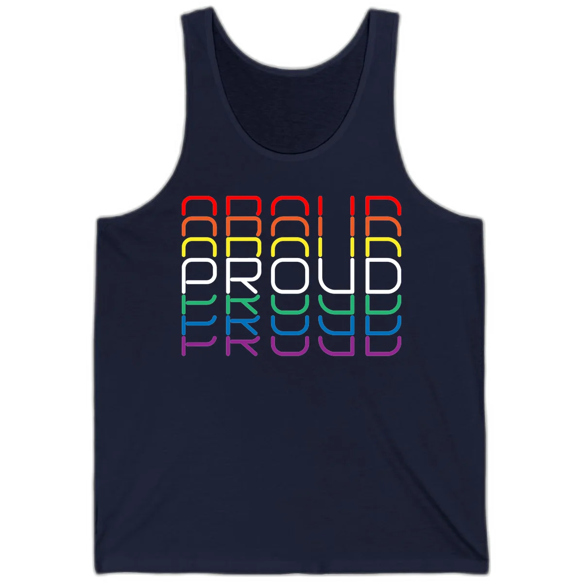 The word PROUD displayed in large rounded letters, each stacked layer colored in rainbow pride spectrum colors from red to purple in Navy