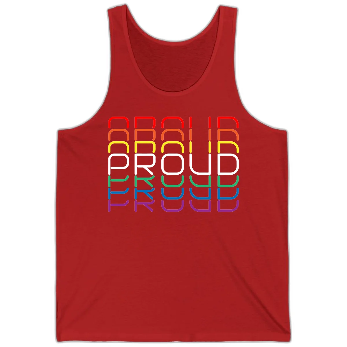 The word PROUD displayed in large rounded letters, each stacked layer colored in rainbow pride spectrum colors from red to purple in Red