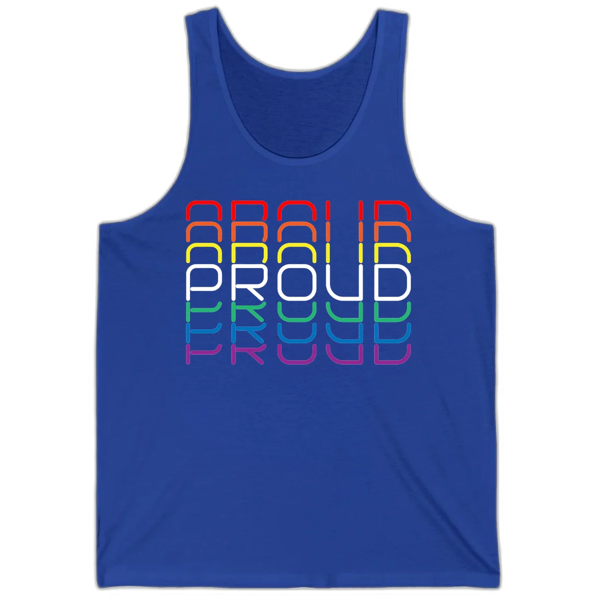 The word PROUD displayed in large rounded letters, each stacked layer colored in rainbow pride spectrum colors from red to purple in True Royal