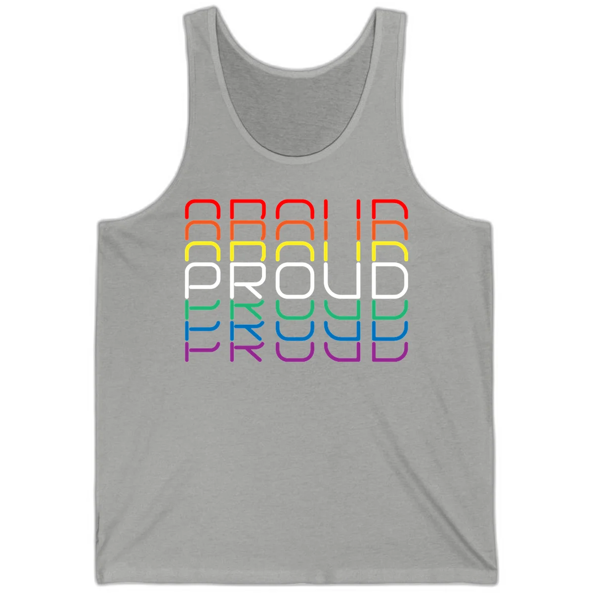 The word PROUD displayed in large rounded letters, each stacked layer colored in rainbow pride spectrum colors from red to purple in Athletic Heather
