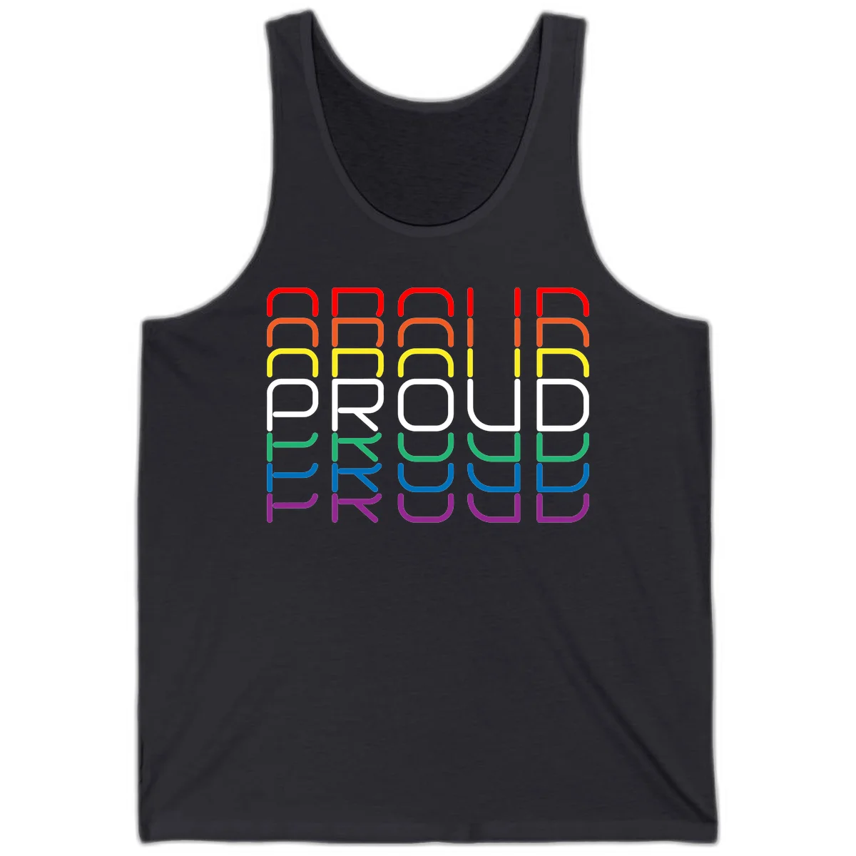 The word PROUD displayed in large rounded letters, each stacked layer colored in rainbow pride spectrum colors from red to purple in Dark Grey