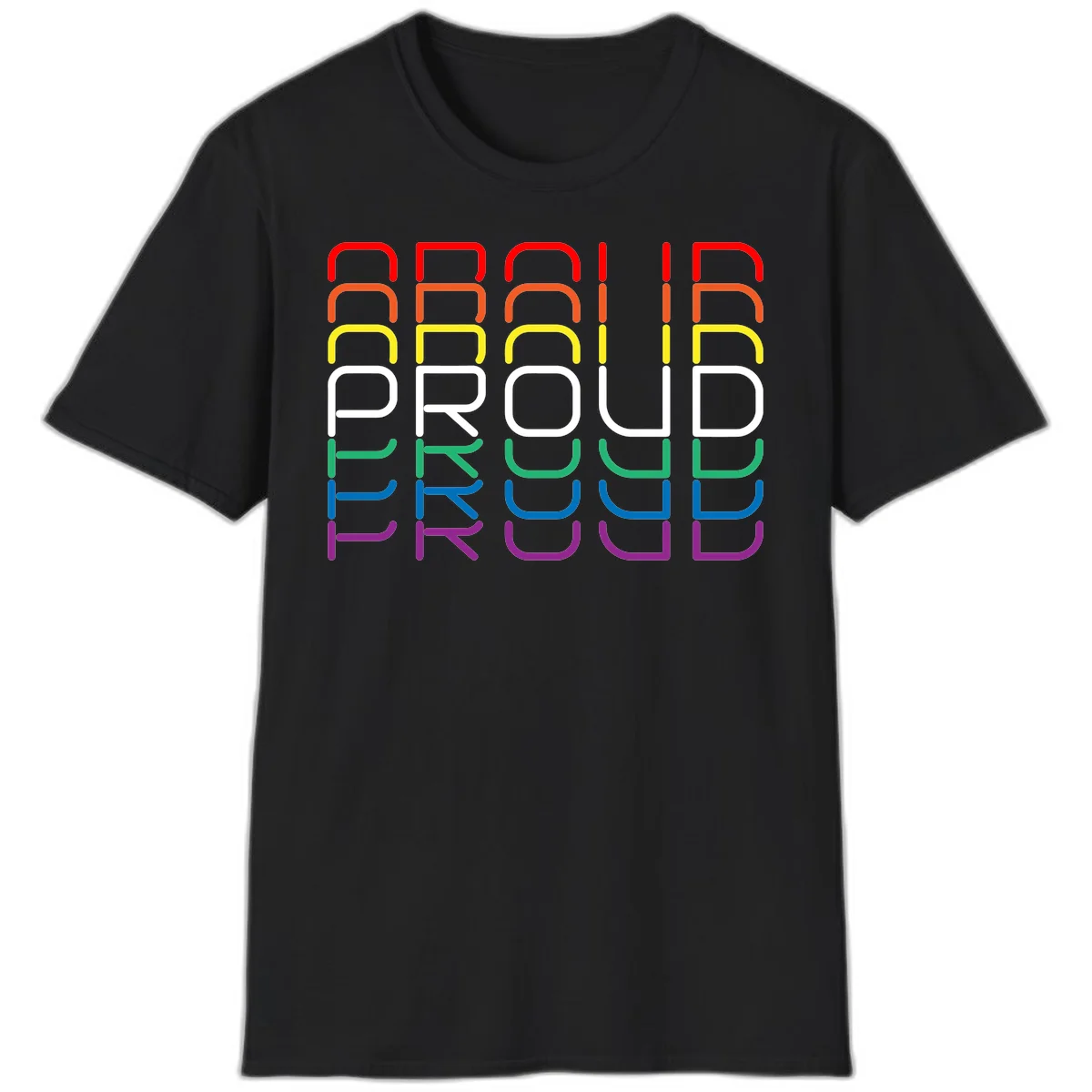 The word PROUD displayed in large rounded letters, each stacked layer colored in rainbow pride spectrum colors from red to purple in Black