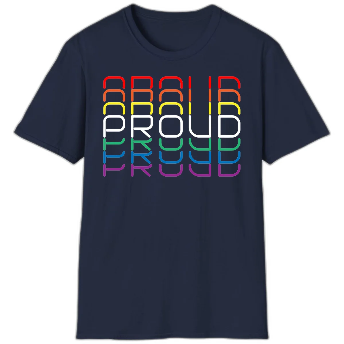 The word PROUD displayed in large rounded letters, each stacked layer colored in rainbow pride spectrum colors from red to purple in Navy