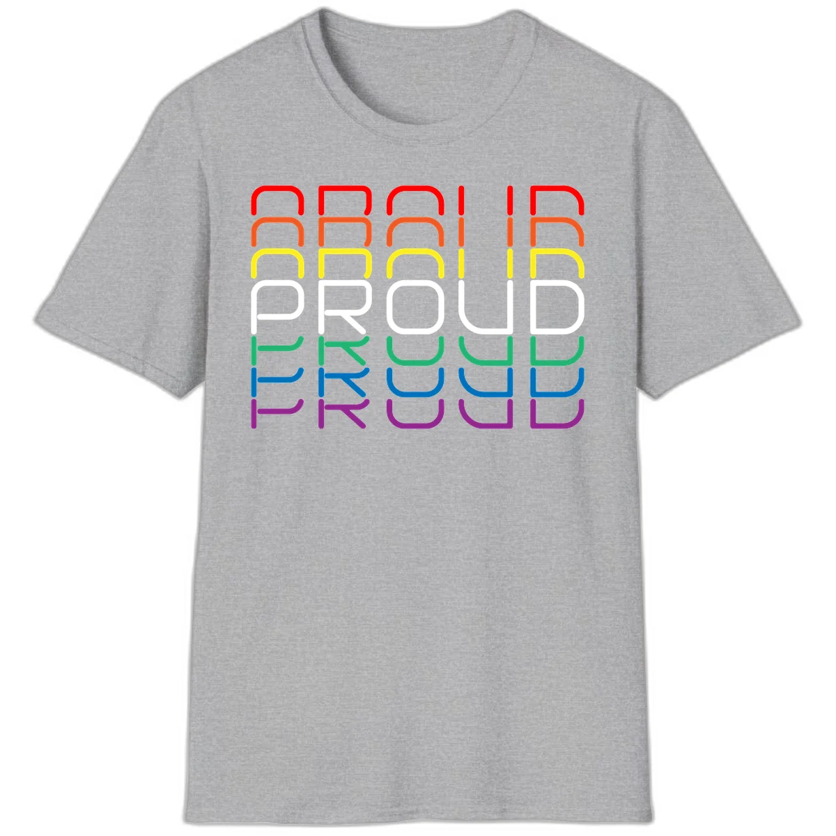 The word PROUD displayed in large rounded letters, each stacked layer colored in rainbow pride spectrum colors from red to purple in Sport Grey
