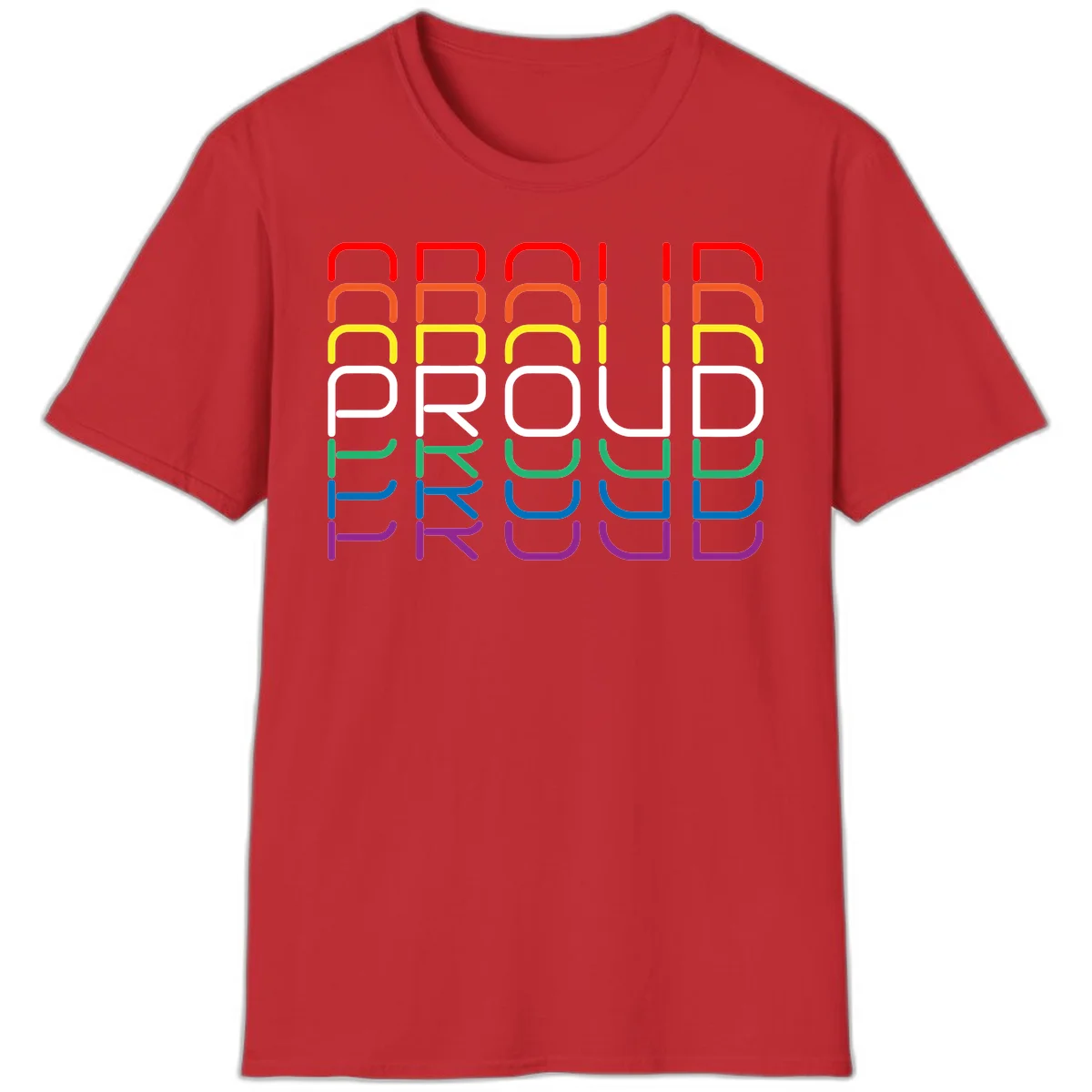 The word PROUD displayed in large rounded letters, each stacked layer colored in rainbow pride spectrum colors from red to purple in Red