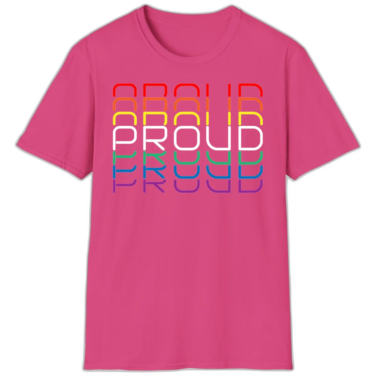 The word PROUD displayed in large rounded letters, each stacked layer colored in rainbow pride spectrum colors from red to purple in Heliconia