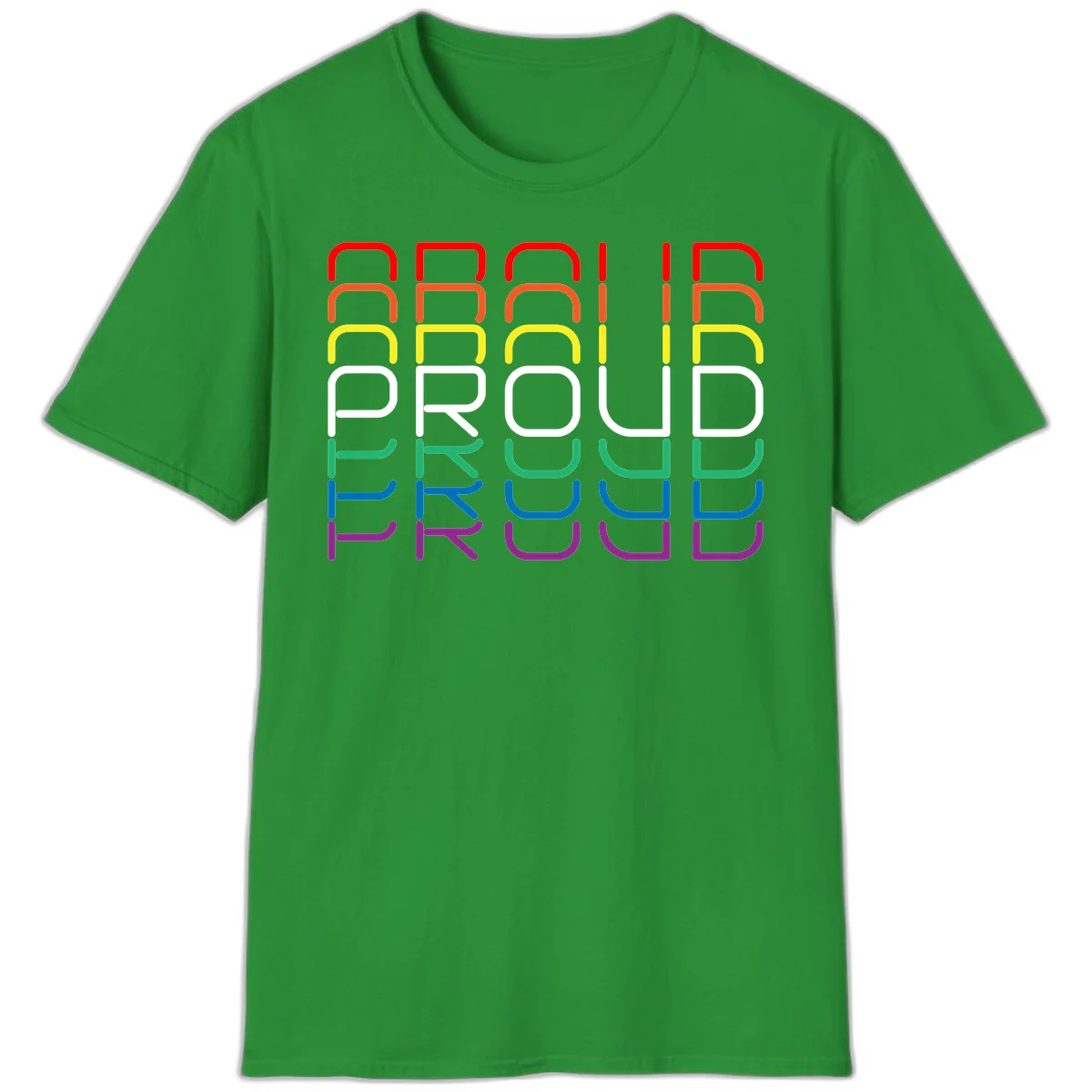 The word PROUD displayed in large rounded letters, each stacked layer colored in rainbow pride spectrum colors from red to purple in Irish Green