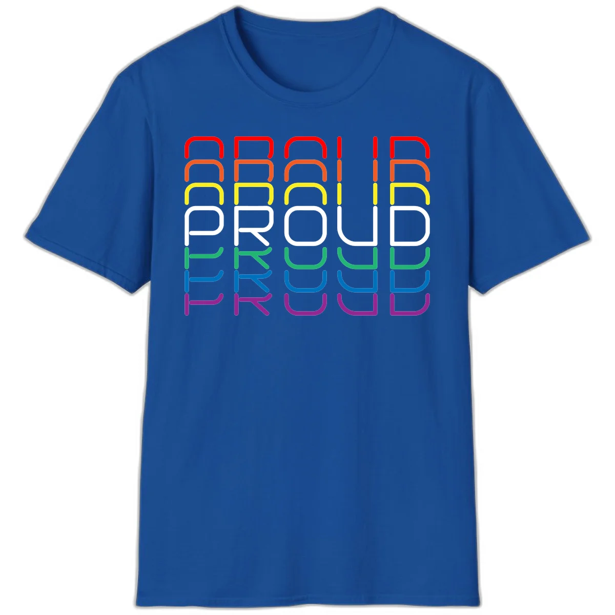 The word PROUD displayed in large rounded letters, each stacked layer colored in rainbow pride spectrum colors from red to purple in Royal