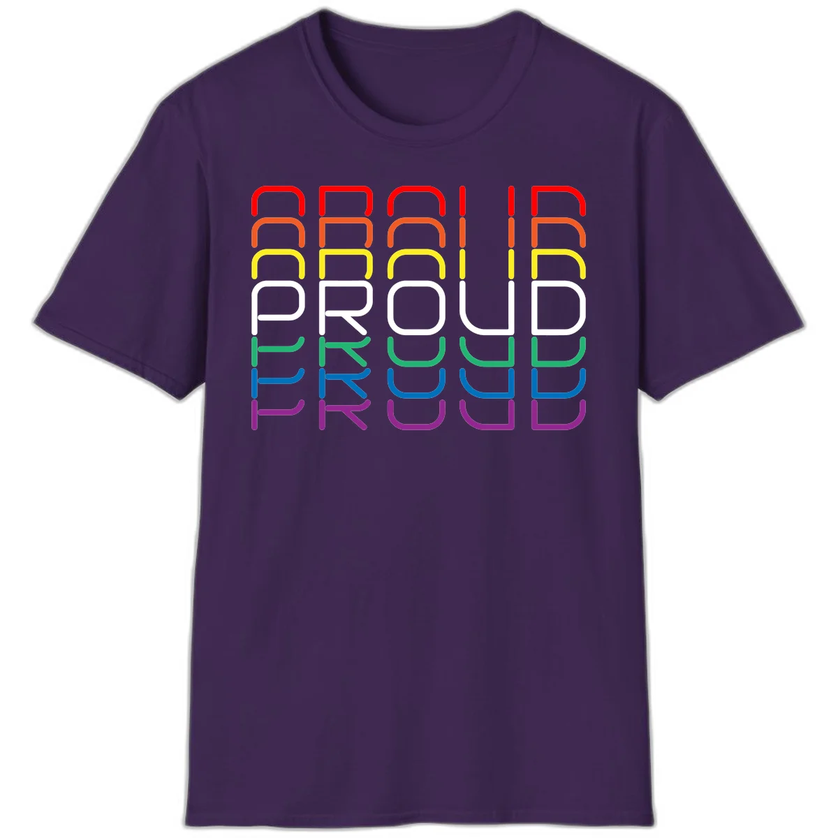 The word PROUD displayed in large rounded letters, each stacked layer colored in rainbow pride spectrum colors from red to purple in Purple