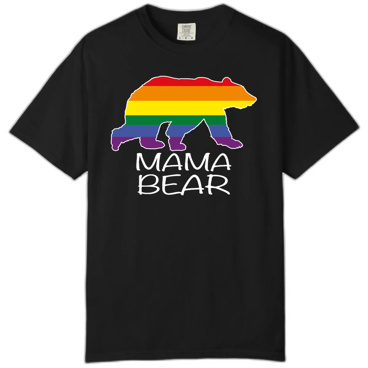 Mama bear silhouette with rainbow pride stripes and mountain details, with 'MAMA BEAR' text below in Black