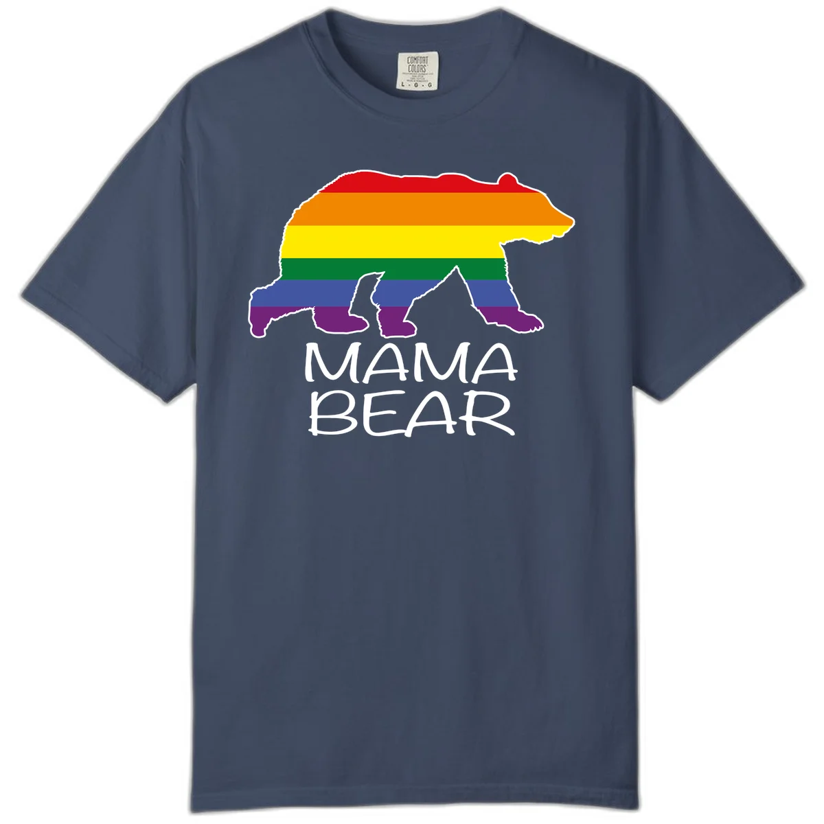 Mama bear silhouette with rainbow pride stripes and mountain details, with 'MAMA BEAR' text below in Midnight