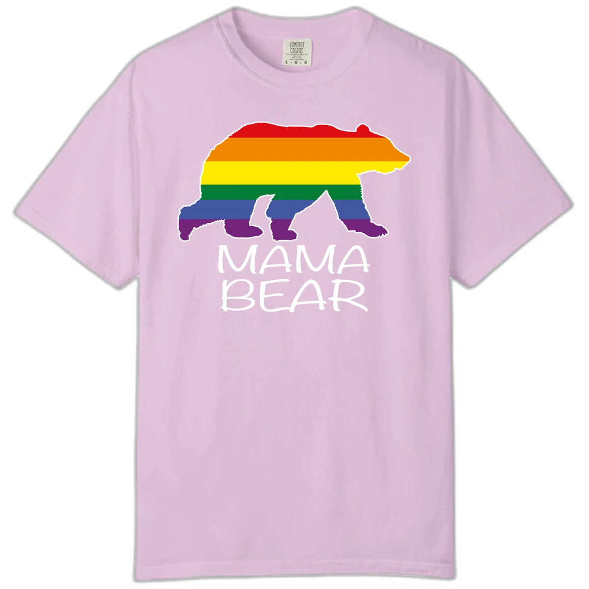 Mama bear silhouette with rainbow pride stripes and mountain details, with 'MAMA BEAR' text below in Orchid